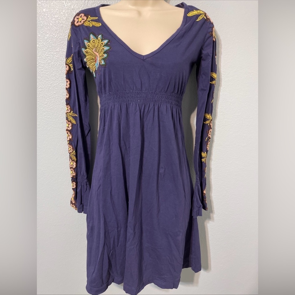 Johnny Was Blue Embroidered Empire Waist Dress Floral Boho Gypsy Festival XS